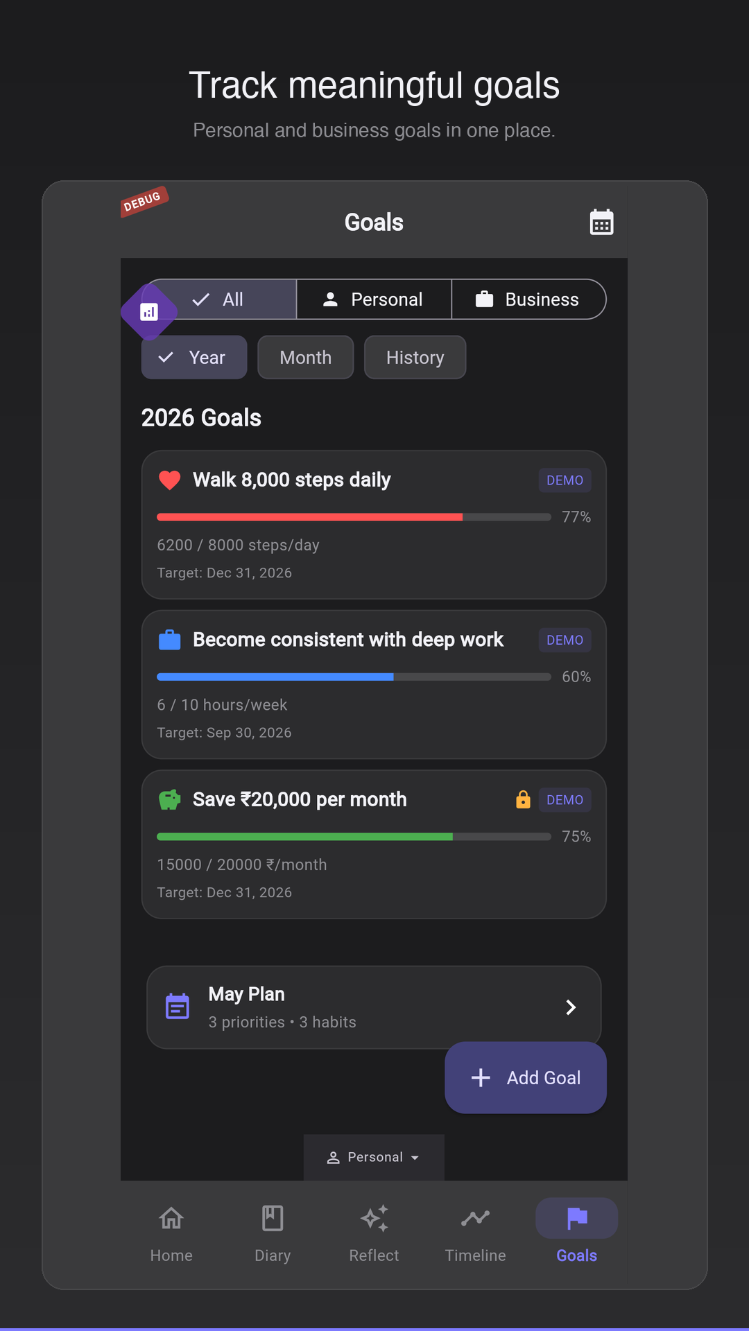 A goal tracking journal app that connects planning with reflection